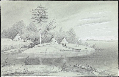 An 1837 sketch of the encampment on Lake Huron of Chief Yellowhead, one of the signatories to Treaty 18. (Library and Archives Canada)